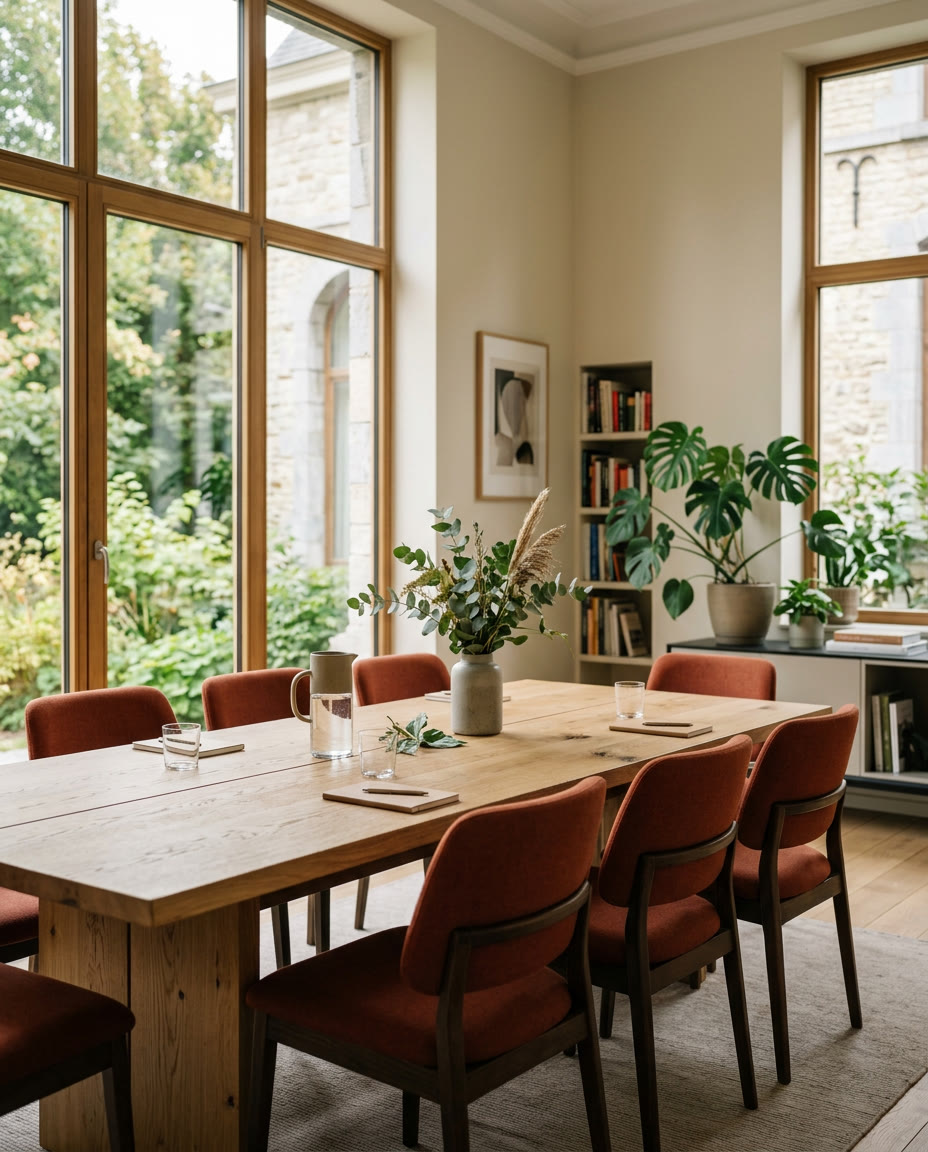 Salle de réunion avec table en chêne clair et chaises terracotta