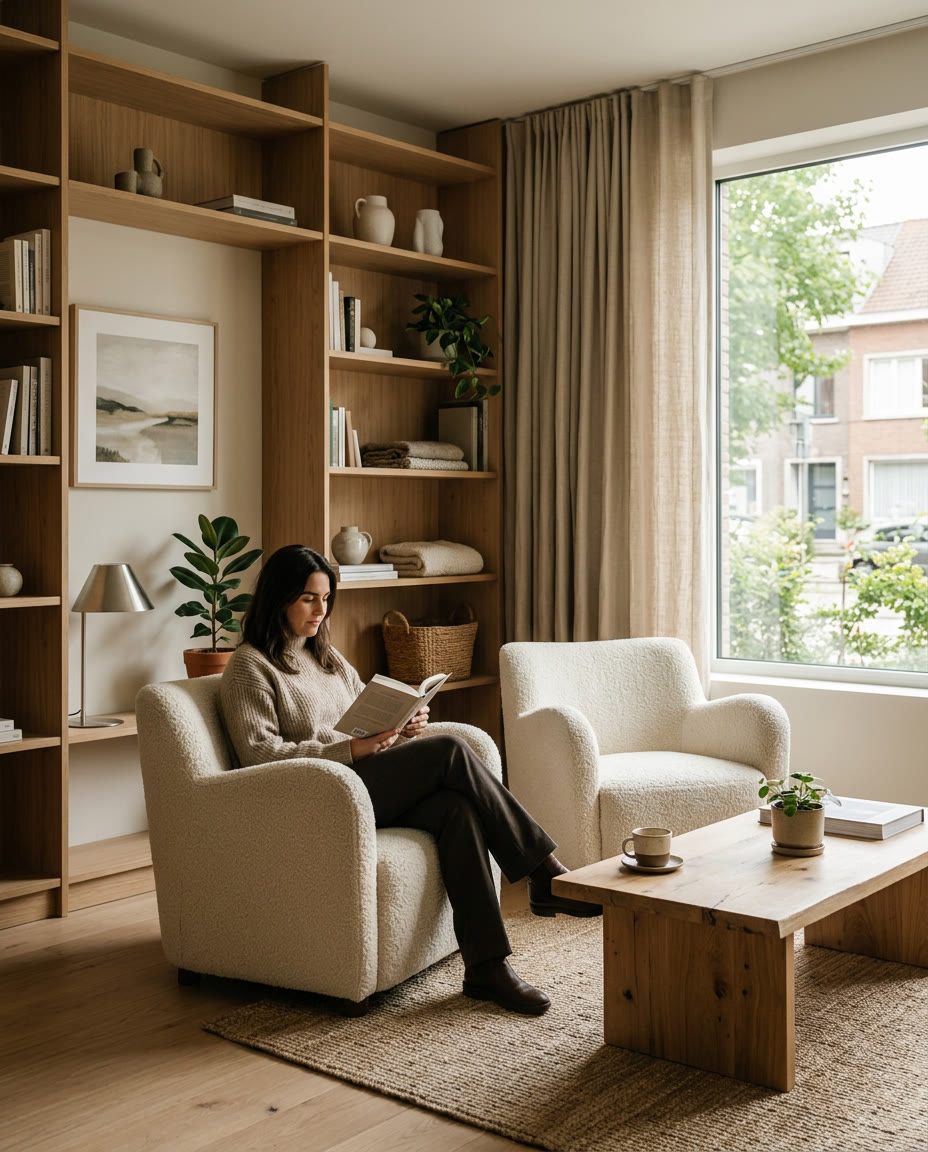 Coin détente avec fauteuils en laine crème et étagères en bois